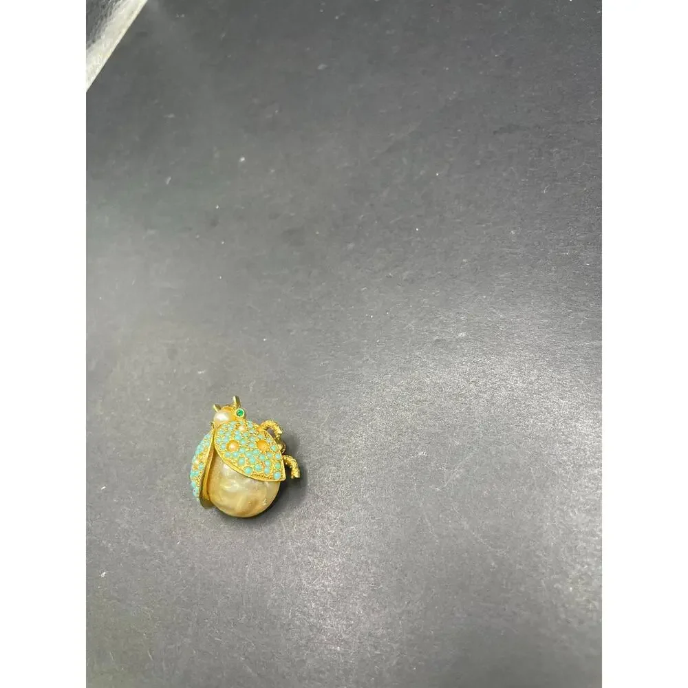 Vintage Gold Tone Ladybug Brooch Pin Turquoise Faux Pearl Beetle Insect Jewelry